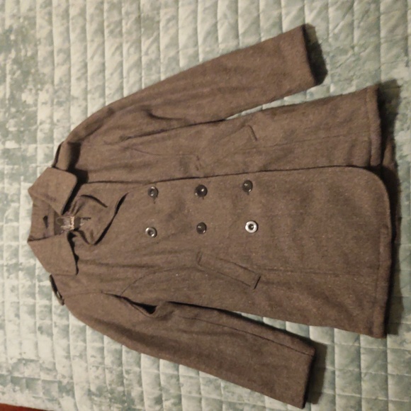 Double Breasted Fitted Wool Blend Pea Coat/ Jacket, Grey - Picture 8 of 8